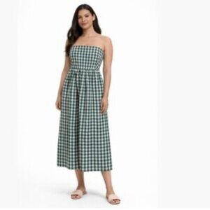 J Crew Strapless Gingham Midi Dress in Green and White strapless pockets cotton